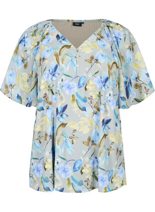 Floral party blouse with short sleeves, Wrought Iron AOP, Packshot image number 0