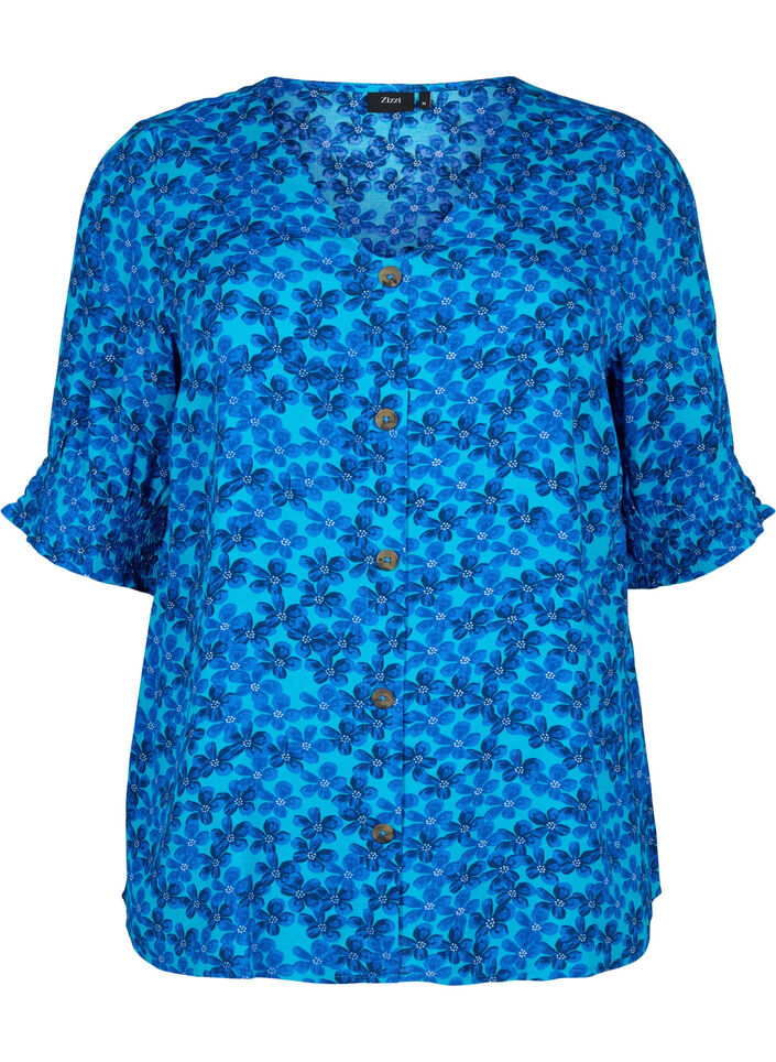 Viscose blouse with buttons, Blue Small Flower, Packshot image number 0