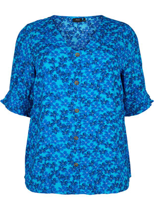 Viscose blouse with buttons, Blue Small Flower, Packshot image number 0