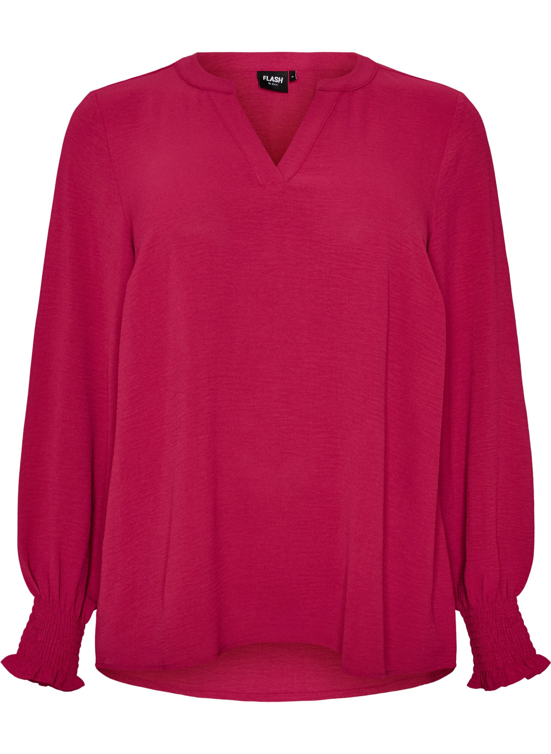 ZizzifashionBlouse with smock cuffs and V-neck, Red, Packshot image number 0