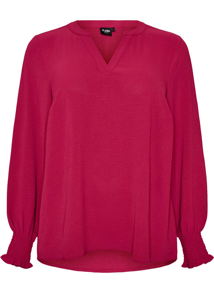 Blouse with smock cuffs and V-neck, Red, Packshot image number 0
