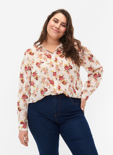 FLASH - Long sleeve shirt with floral print, Off White Flower, Model image number 0