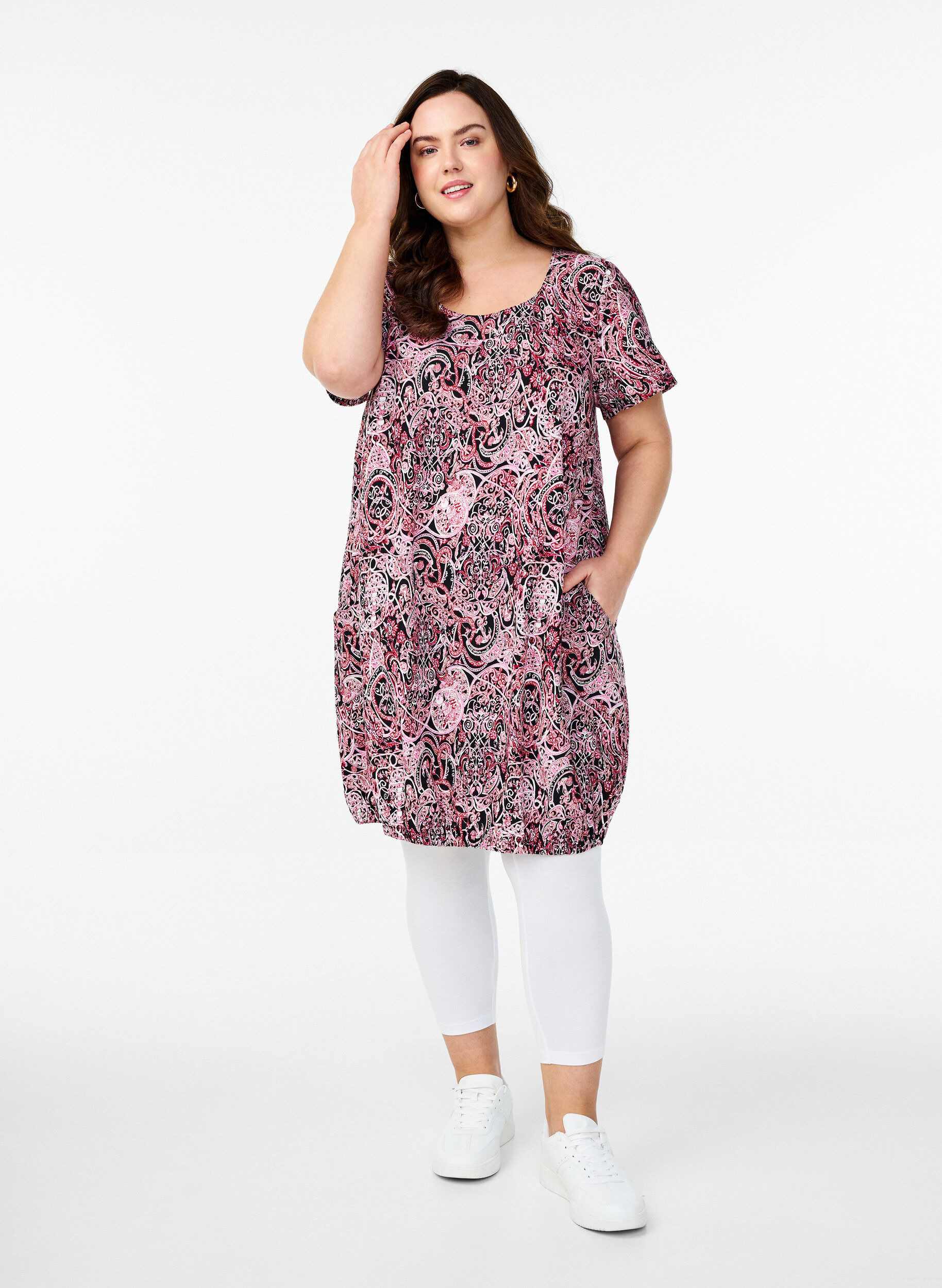 ZizzifashionShort-sleeved cotton dress with print, Black, Model image number 1