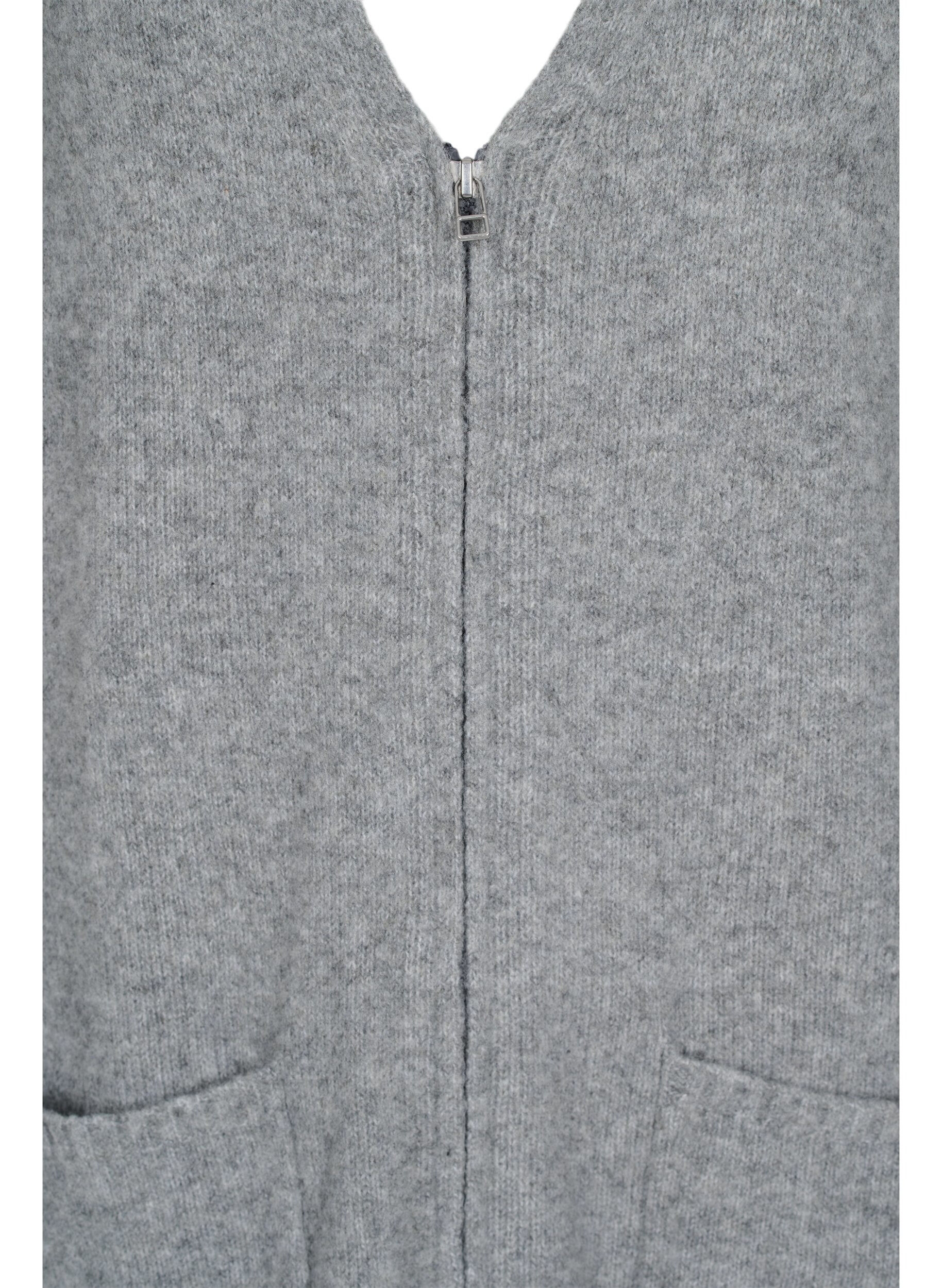 Zizzifashion Long knitted cardigan with zip and pockets, Medium Grey Melange, Packshot image number 2