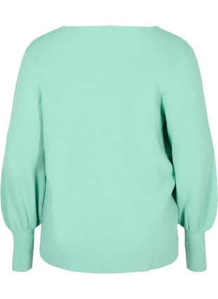Knitted blouse with v-neck and puff sleeves, Dusty Jade Green Mel, Packshot image number 1