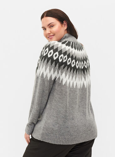 Jacquard patterned knitted jumper with high neck and zipper, Dark Grey Mel. Comb, Model image number 1