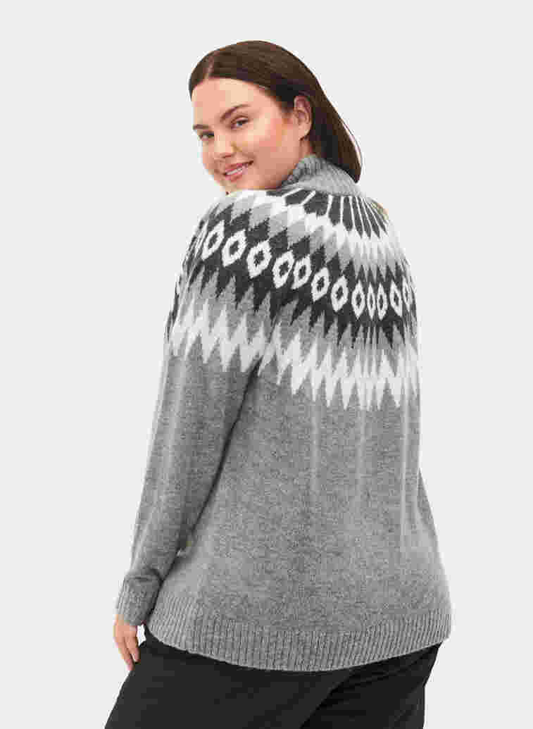Jacquard patterned knitted jumper with high neck and zipper, Dark Grey Mel. Comb, Model