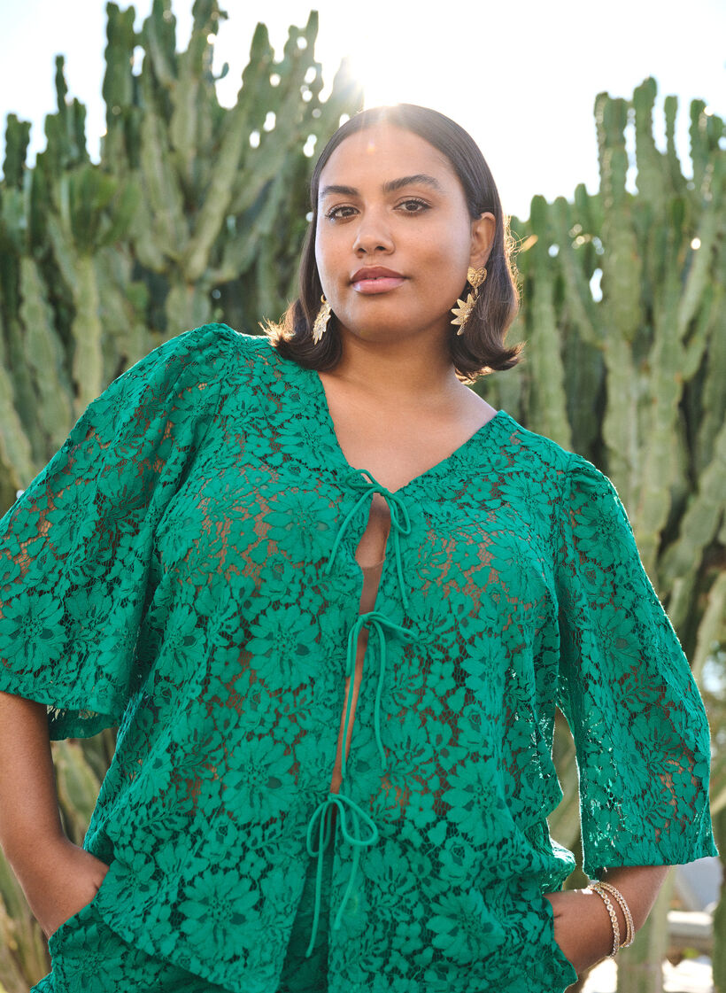 Lace blouse with 3/4 sleeves and bows on the front, Green, Image image number 0