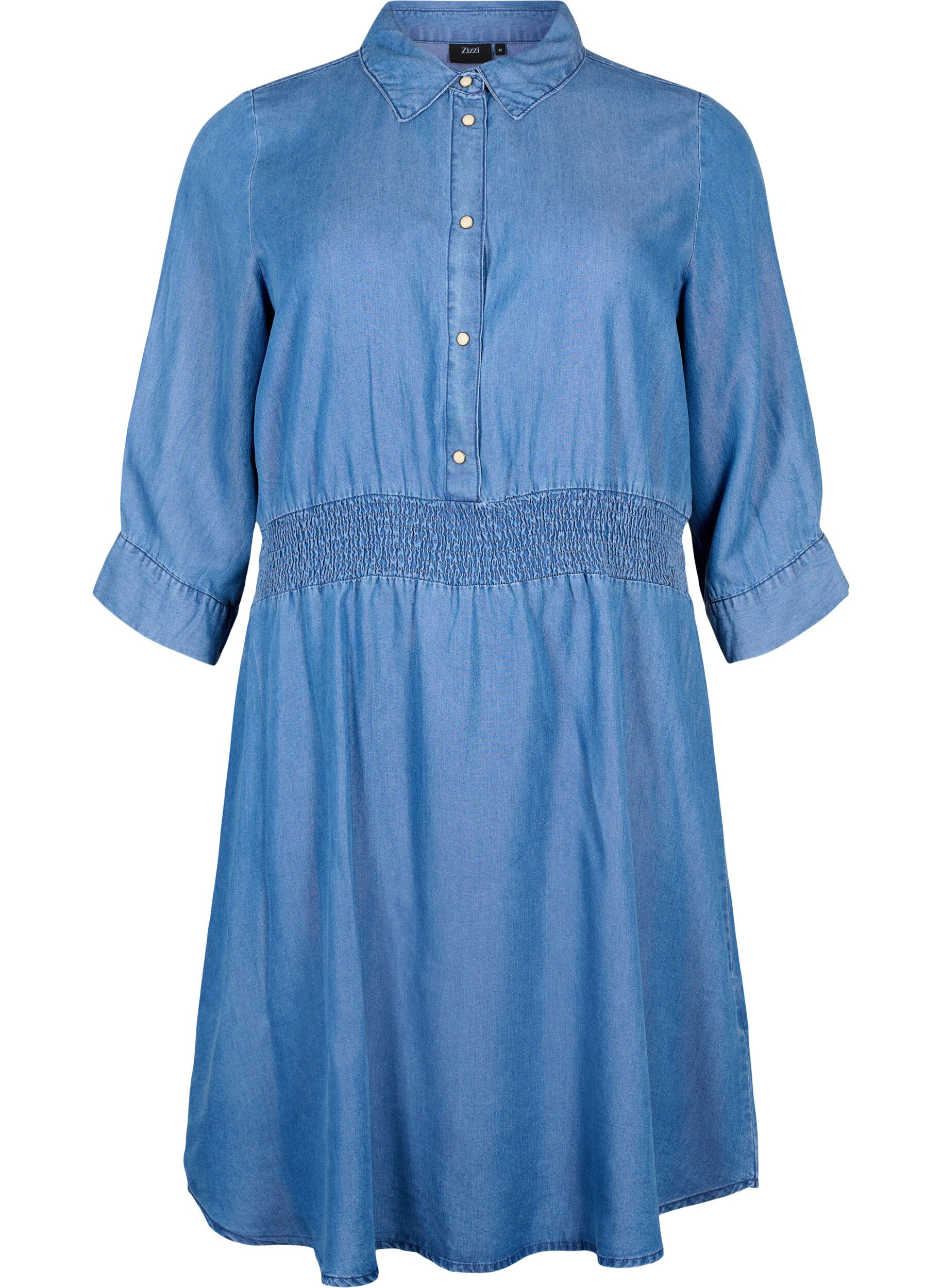 Zizzifashion Soft denim dress with 3/4 sleeves and smock, Blue denim, Packshot image number 0