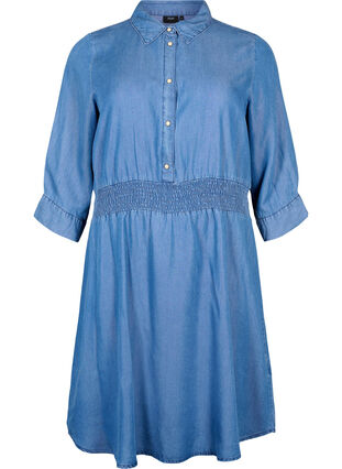 Soft denim dress with 3/4 sleeves and smock, Blue denim, Packshot image number 0