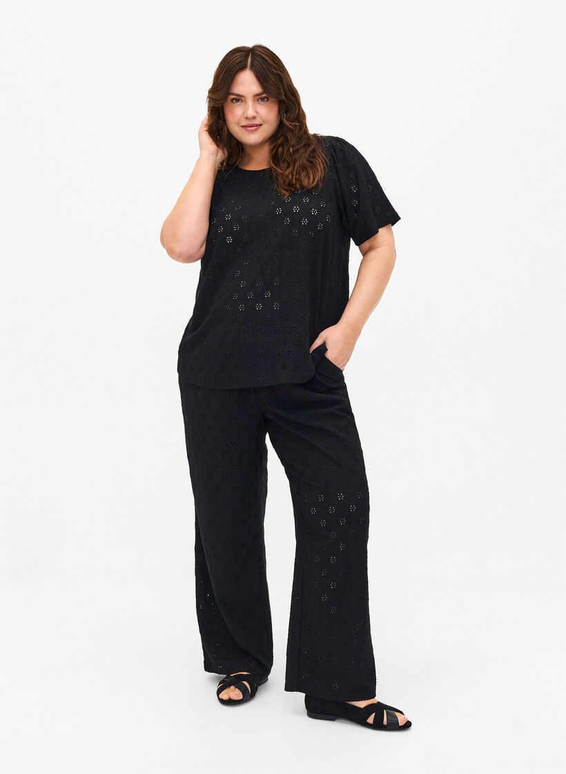 Short-sleeved blouse with hole pattern, Black, Model image number 2