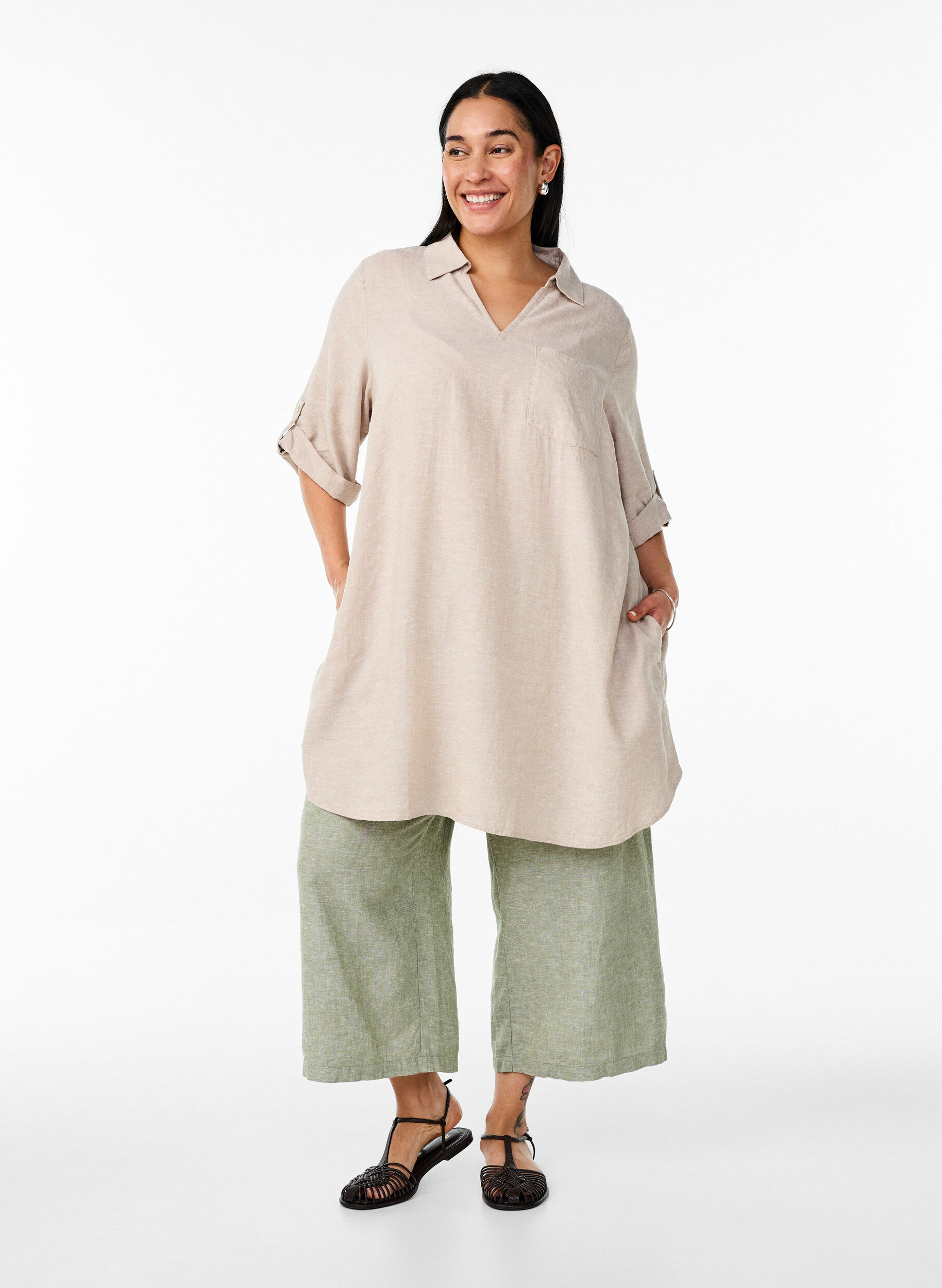 ZizzifashionLinen and viscose tunic with A-shape, Beige, Model image number 1