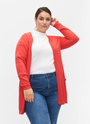 Long knitted cardigan in a viscose blend, Poppy Red, Model image number 0