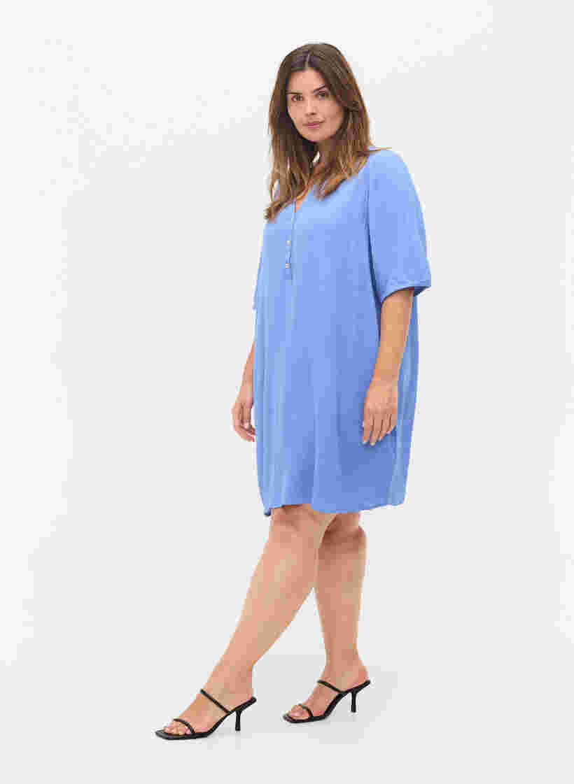 Viscose tunic with V-neck and buttons, Wedgewood, Model image number 2