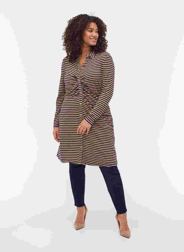 Striped, viscose rib dress with button fastening, Blue Camel Stripe, Model image number 2