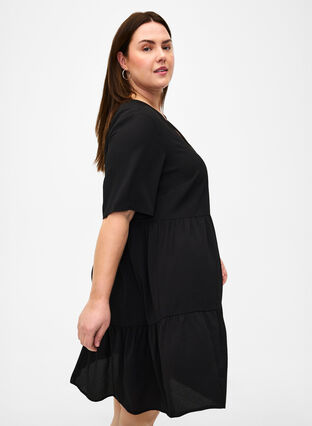 Short sleeve dress with a-line and cutlines, Black, Model image number 1