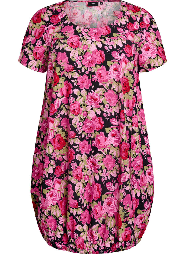 Short-sleeved cotton dress with print, Black, Packshot image number 0