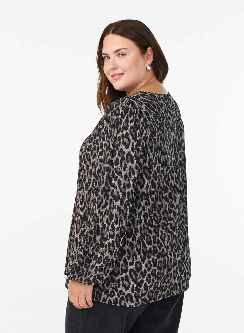 Blouse with long sleeves and leopard print, Dark Grey, Model image number 2
