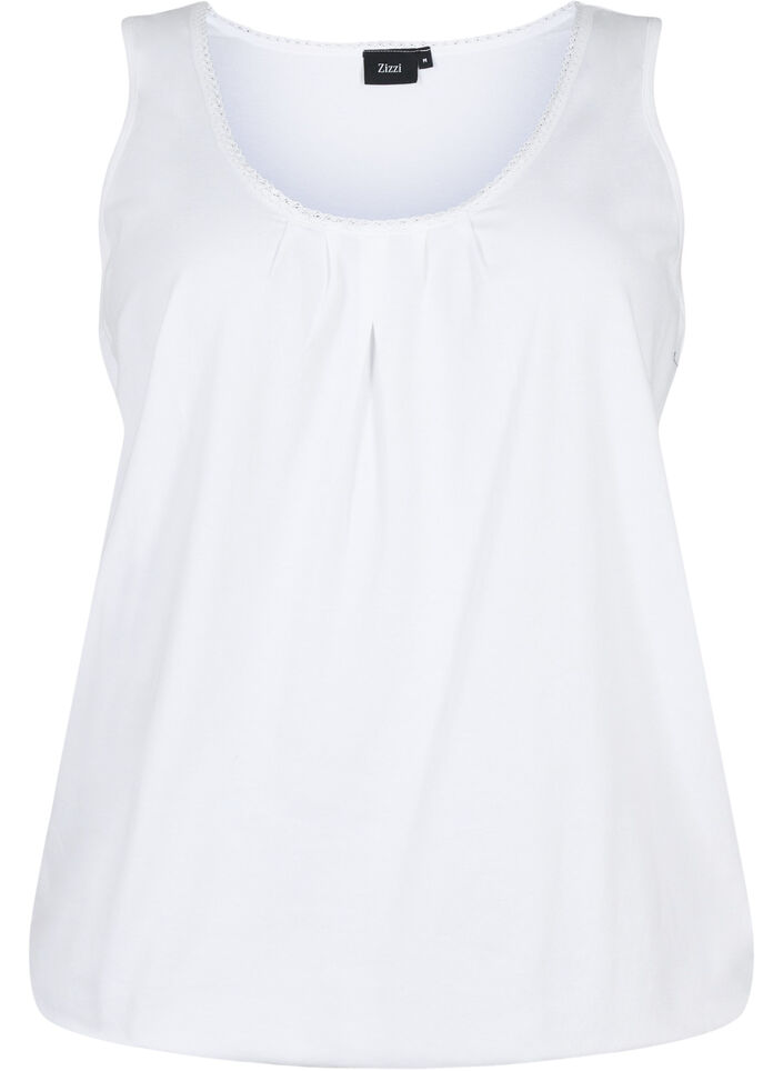 Cotton top with round neck and lace trim, Bright White, Packshot image number 0