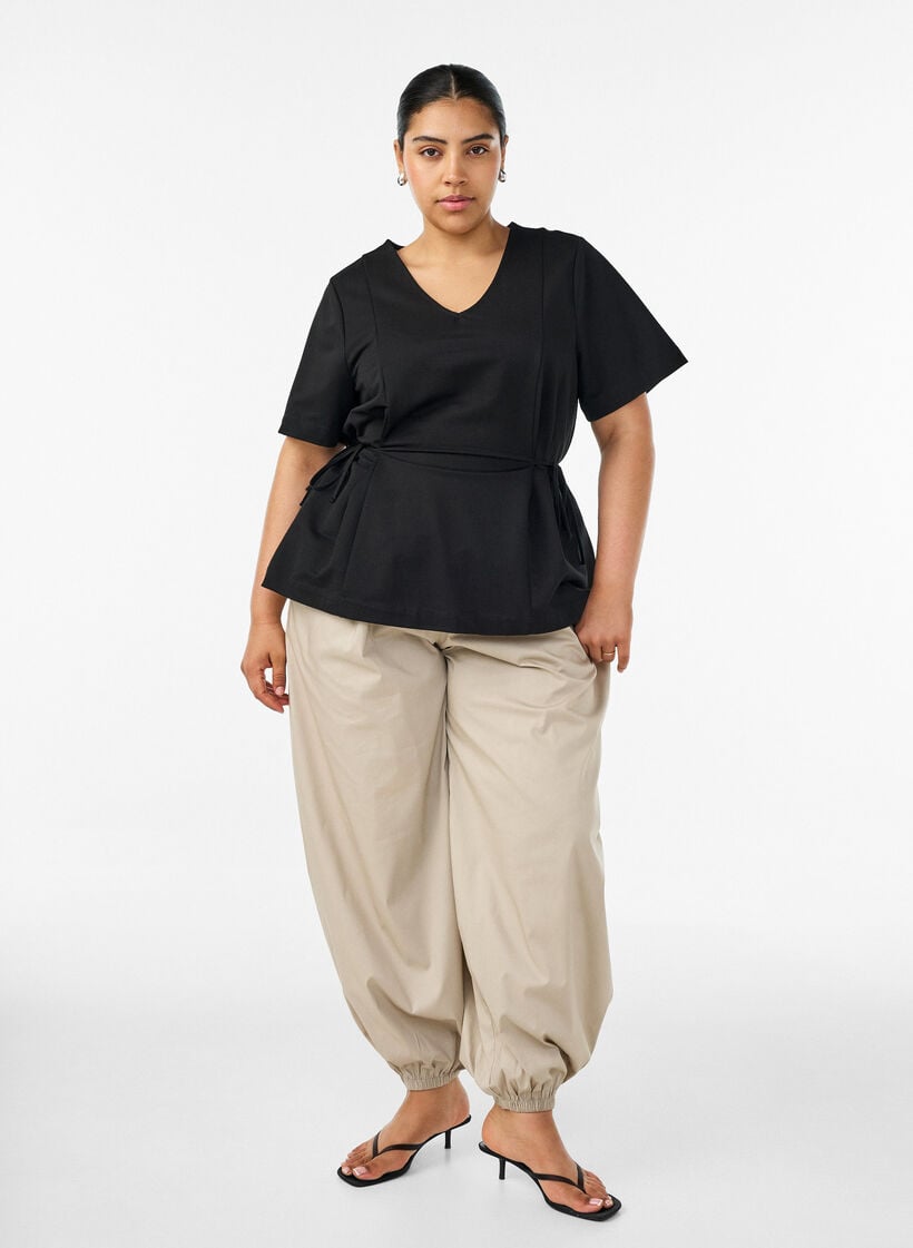 Blouse in a cotton blend with a V-neck and tie-string, Black, Model image number 1