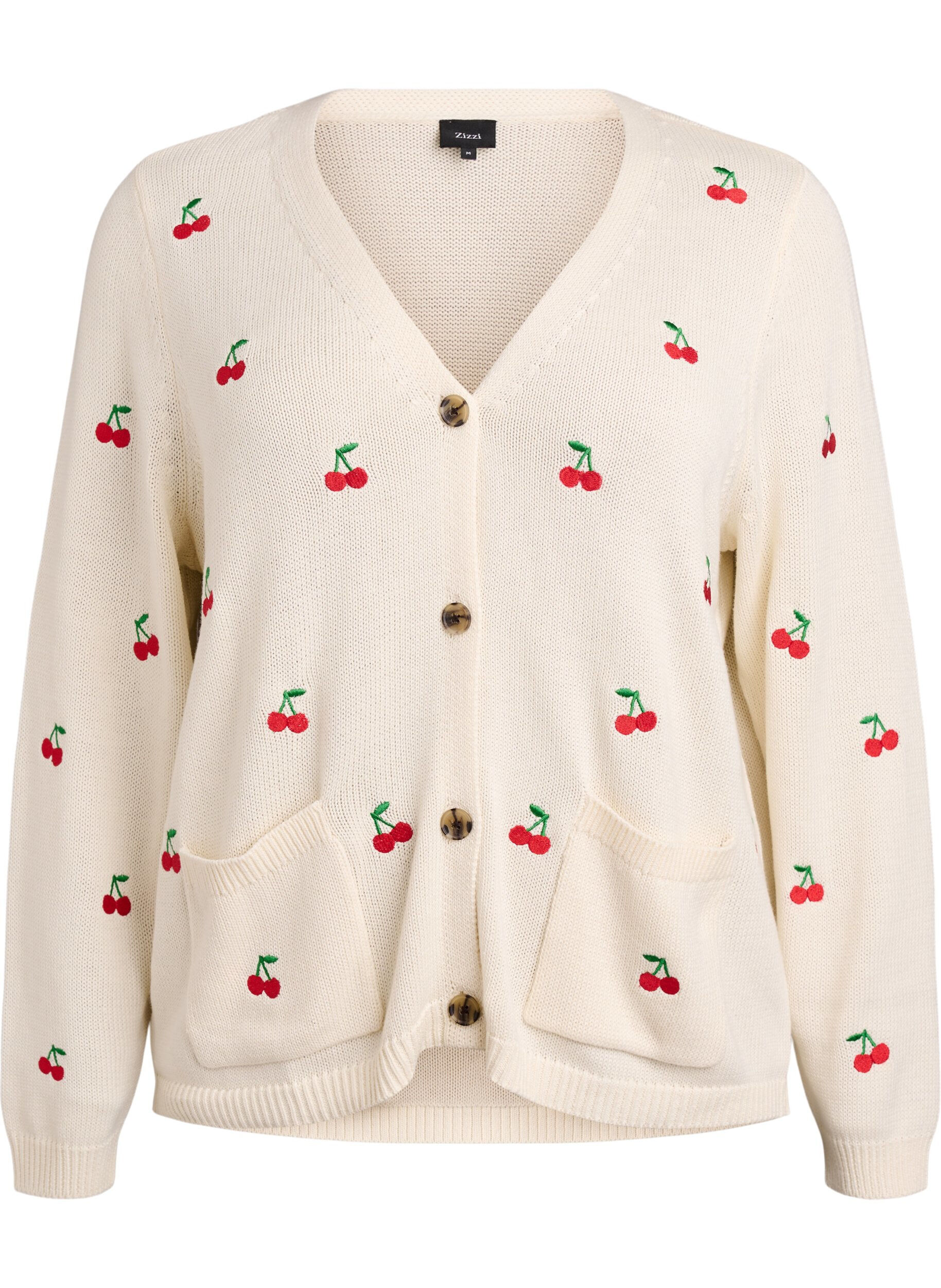 Zizzifashion Knitted cardigan with cherry embroidery, Vanilla, Packshot image number 0