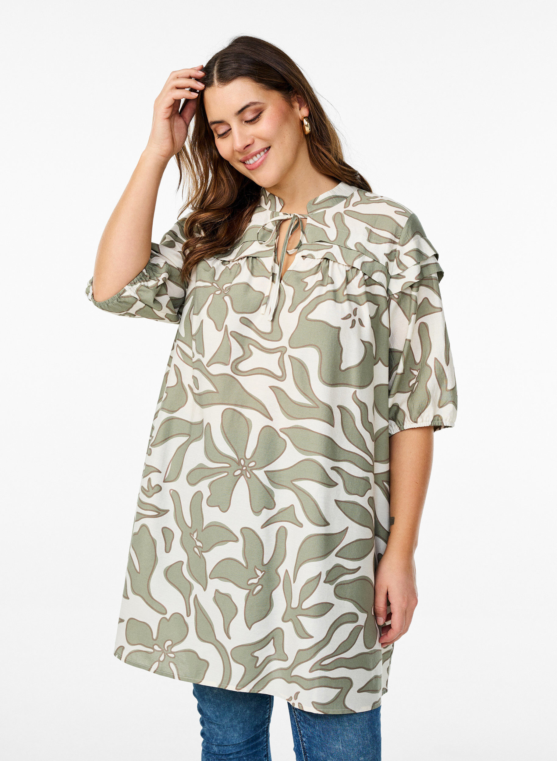 Viscose tunic with print, Oil Green Grap. AOP, Model