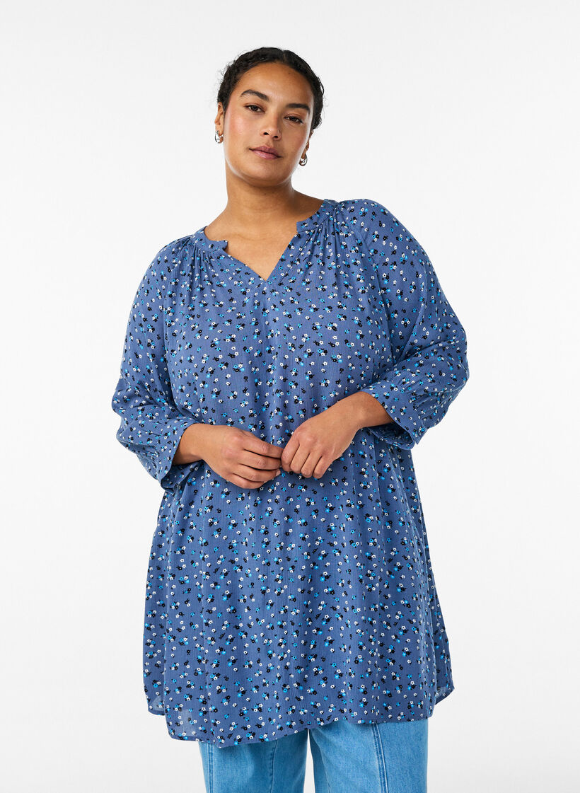 Tunic with floral print and 3/4 sleeves, Blue, Model image number 0