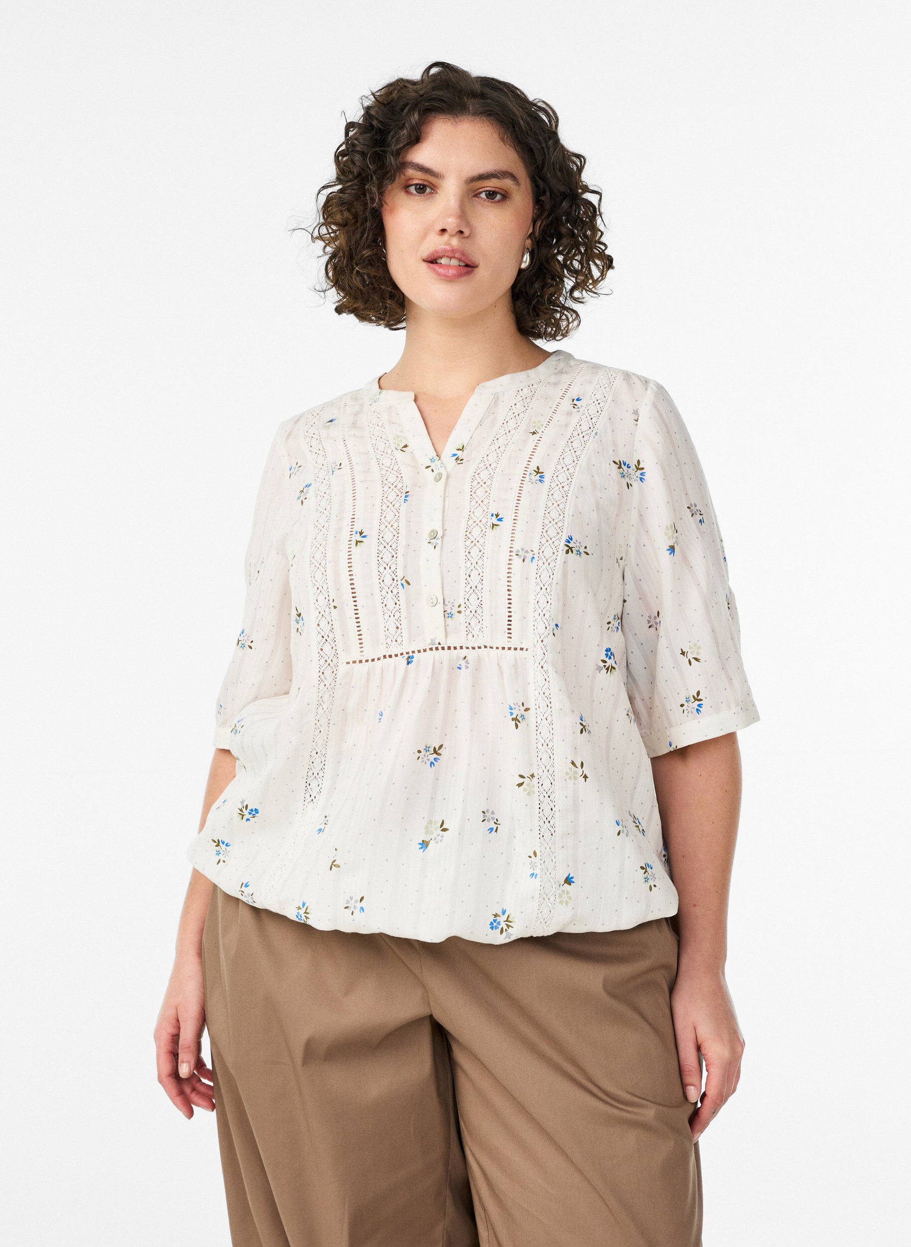 ZizzifashionBlouse with print and 1/2 sleeves, Vanilla, Model image number 0