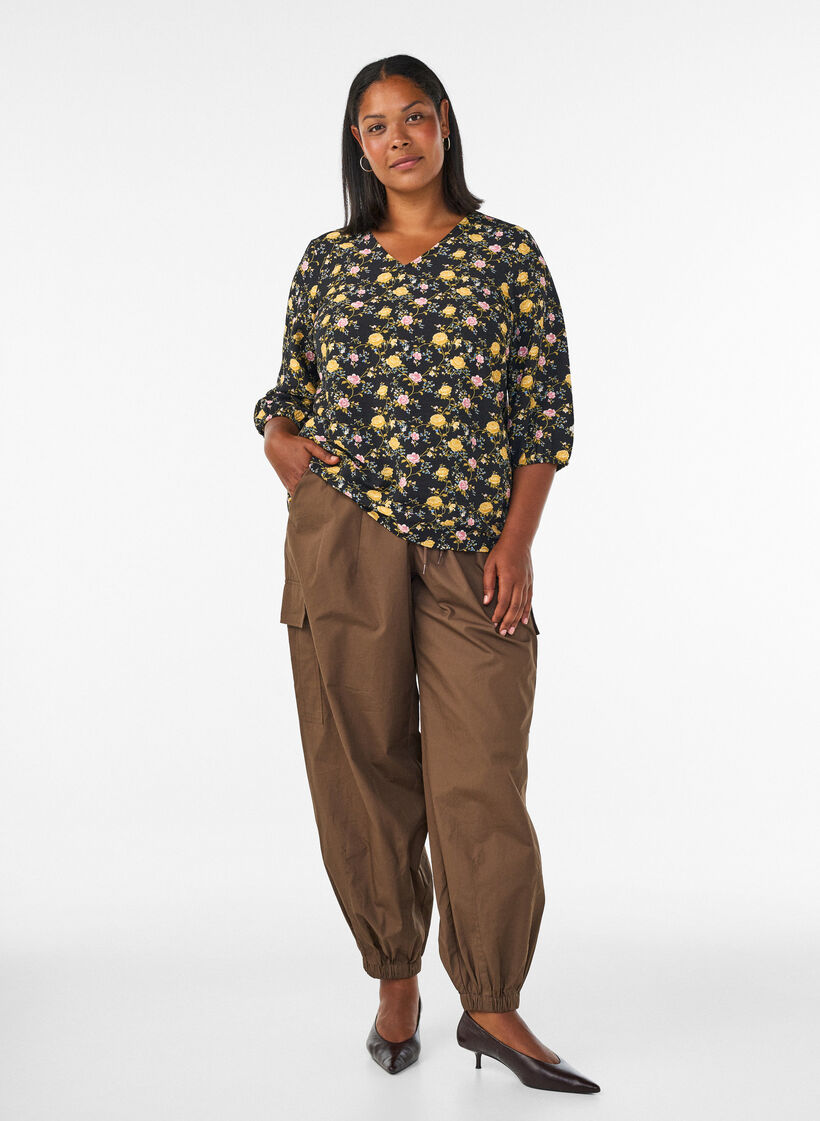Patterned viscose blouse with 3/4-sleeves, Black, Model image number 1