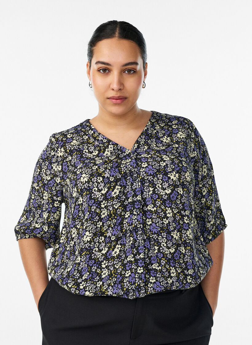Viscose blouse with print and button fastening, Black, Model image number 0