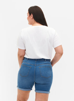 High waisted denim shorts with slim fit, Medium Blue Denim, Model image number 1