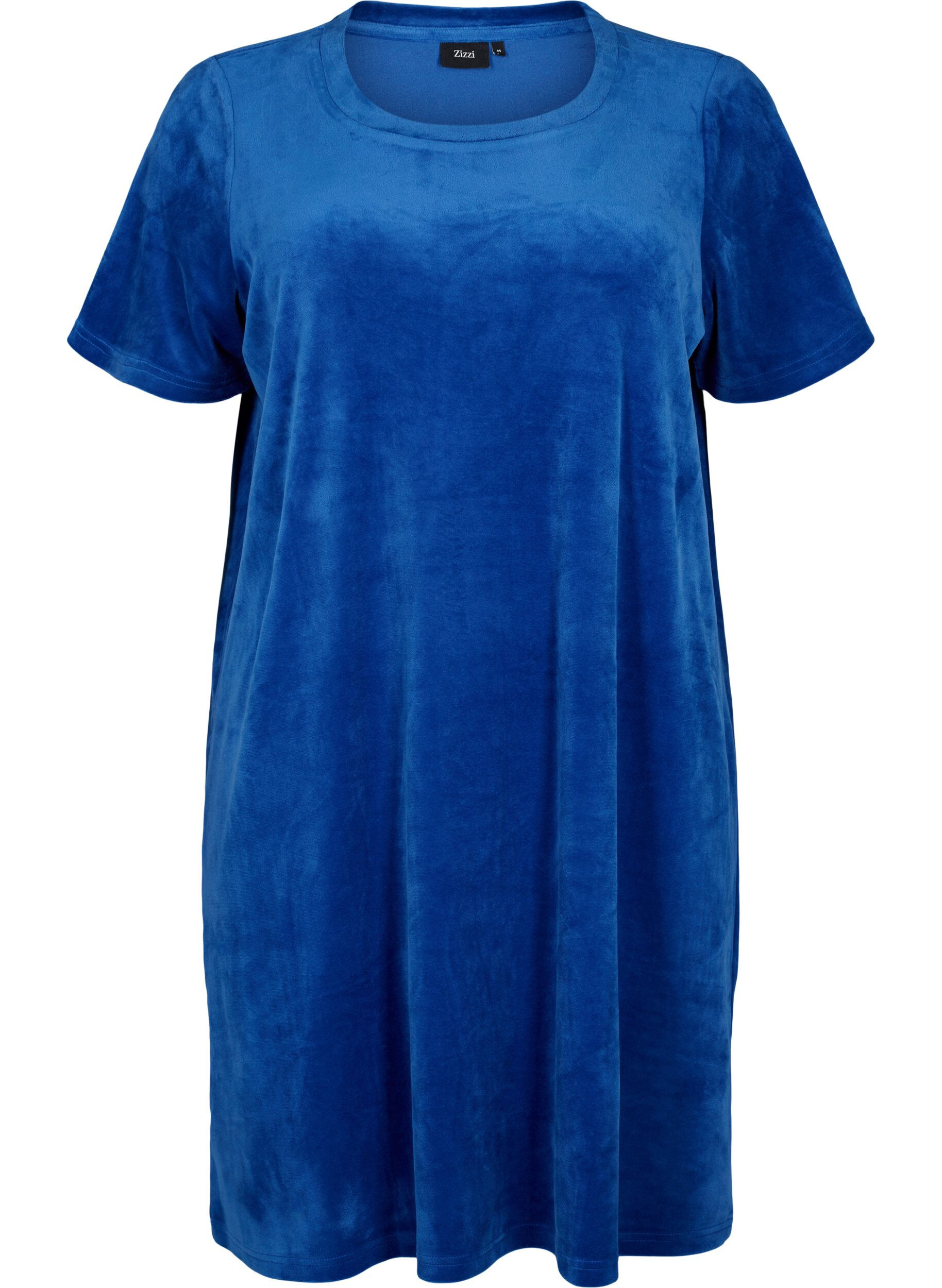 Zizzifashion Short sleeved velour dress with round neckline	, Monaco Blue, Packshot image number 0