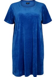 Short sleeved velour dress with round neckline	, Monaco Blue, Packshot
