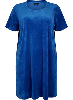 Short sleeved velour dress with round neckline	, Monaco Blue, Packshot image number 0