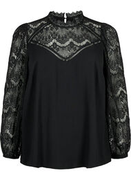 Long sleeve blouse with lace, Black, Packshot