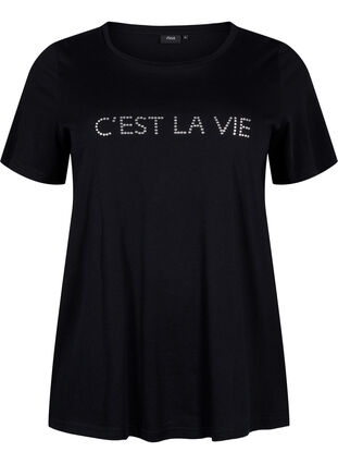 T-shirt with text motif, Black W. Rhinestones, Packshot image number 0