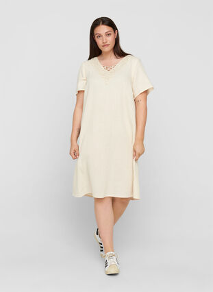 Short-sleeved cotton dress with embroidery, Beige As Sample, Model image number 2