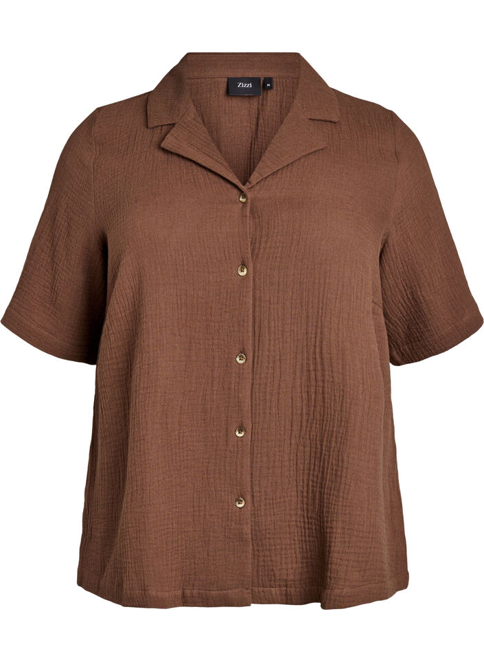 Short-sleeved shirt in cotton muslin, Brown, Packshot image number 0