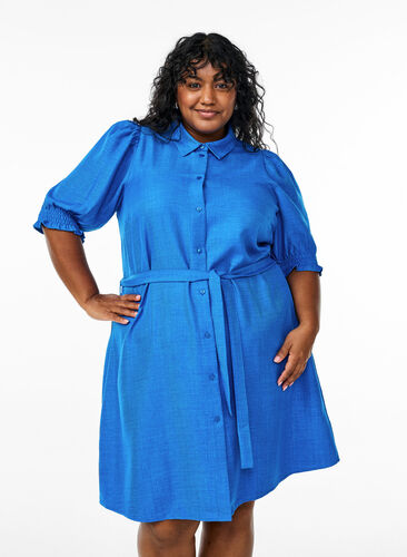 Knee-length shirt dress with tie belt - Blue - Sz. 40-64 - Zizzifashion Knee-length shirt dress with tie belt - Blue - Sz. 40-64 - Zizzifashion