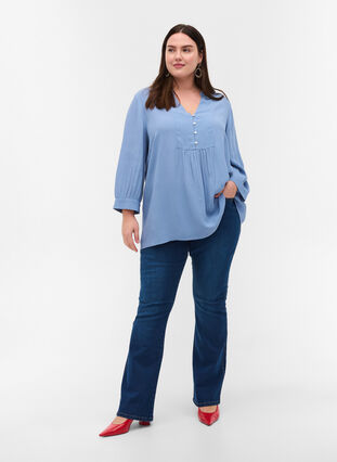 Viscose blouse with 3/4-length sleeves, Forever Blue, Model image number 2