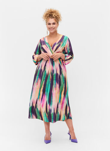Printed midi dress with 3/4 sleeves, Purple AOP, Model image number 0
