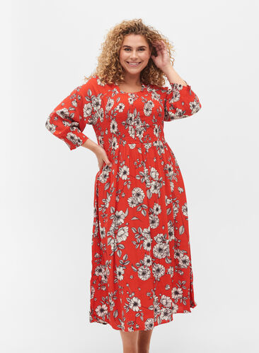 Floral viscose midi dress with smock, Fiery Red Flower AOP, Model image number 0