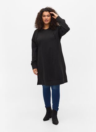 Sweater dress with hood, Black Solid, Model image number 2