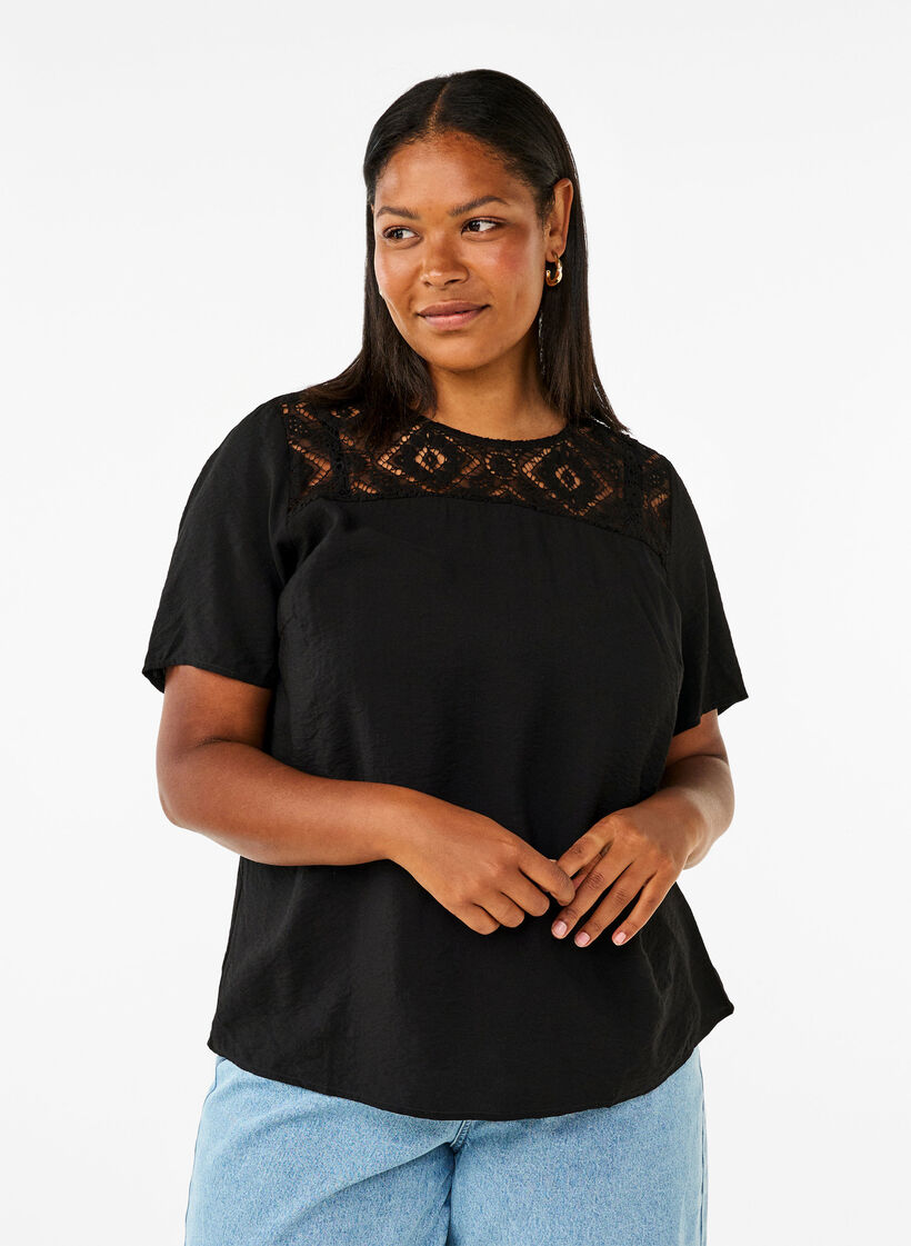 Short-sleeved viscose blouse with lace detail, Black, Model image number 0