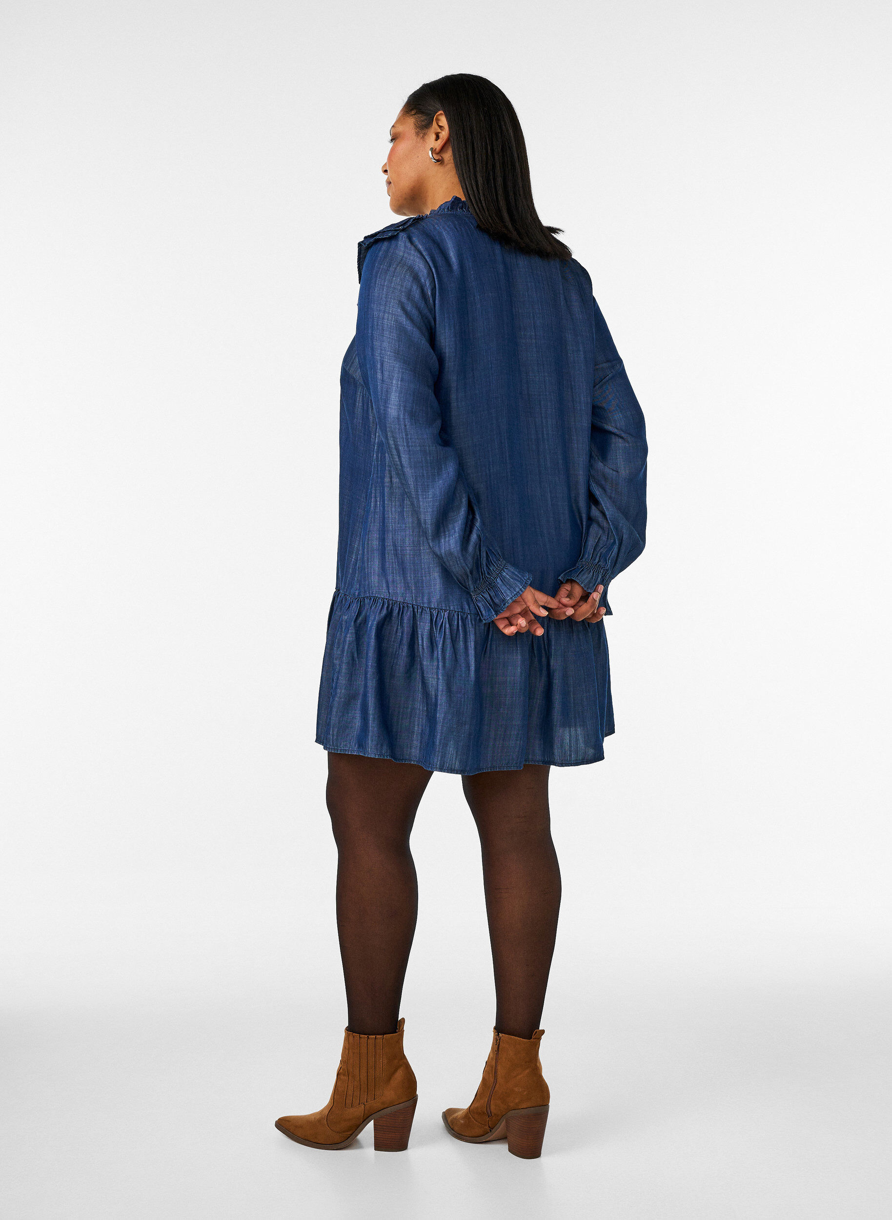 ZizzifashionShort denim-look dress with ruffles, Blue, Model image number 2