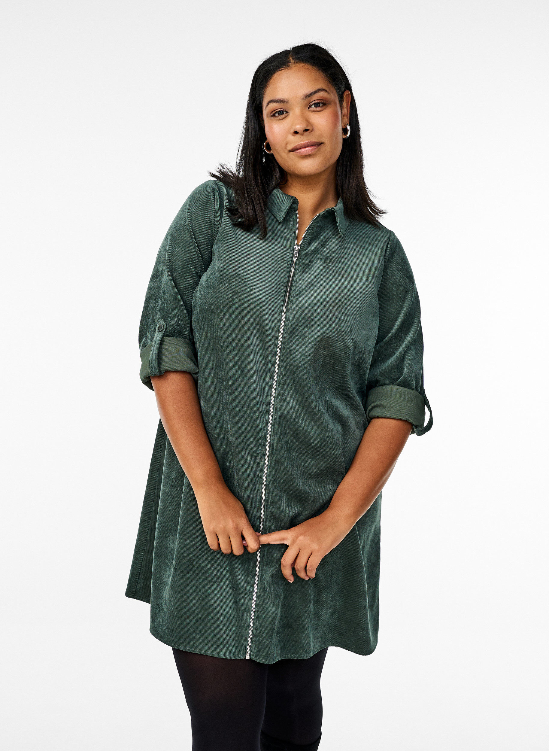 Zizzifashion Velvet dress with zipper and 3/4 sleeves, Green, Model image number 0