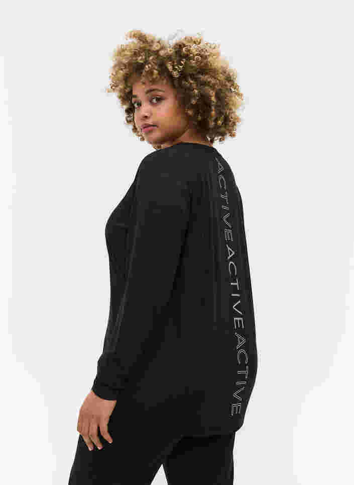 Sports blouse with long sleeves and text print, Black, Model image number 1