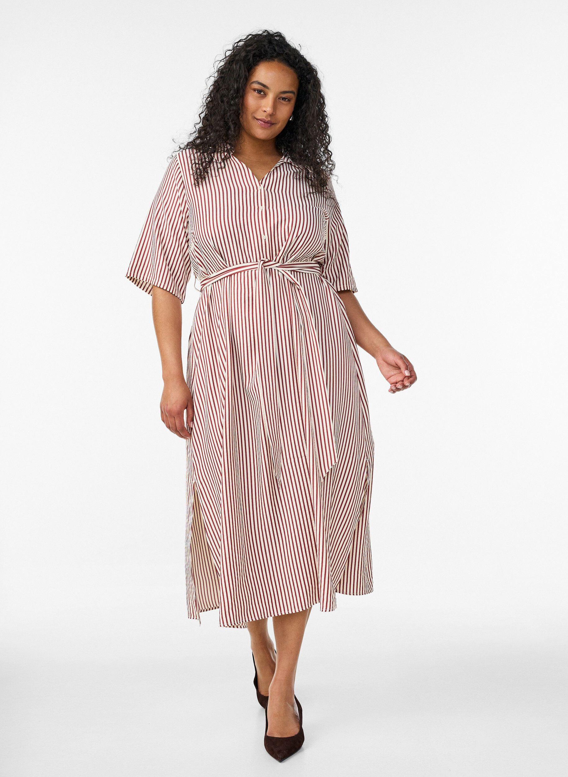 ZizzifashionAnkle-length shirt dress with tie belt and stripes, Red, Model image number 0
