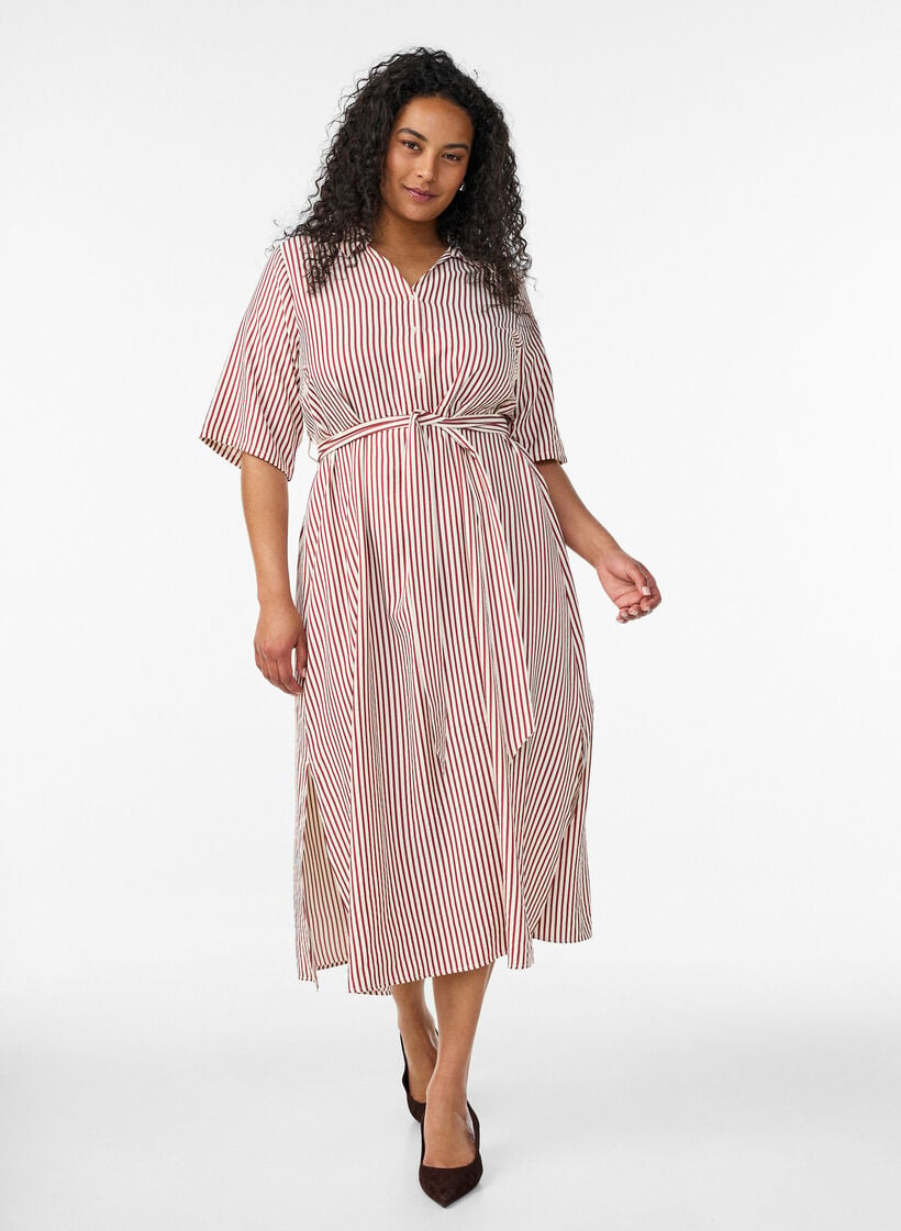 Ankle-length shirt dress with tie belt and stripes, Red, Model image number 0