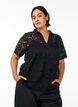 Lace blouse with a collar and V-neck, Black, Model image number 0